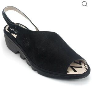 Fly London Palp Black Nubuck Leather Slingback Wedge Sandals. EU 39